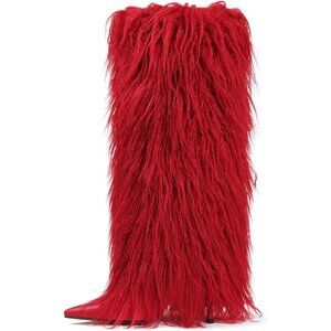 Womens B-Red Fur Knee High Boots with Heels Wide Calf Tall Fold Over Party Boots